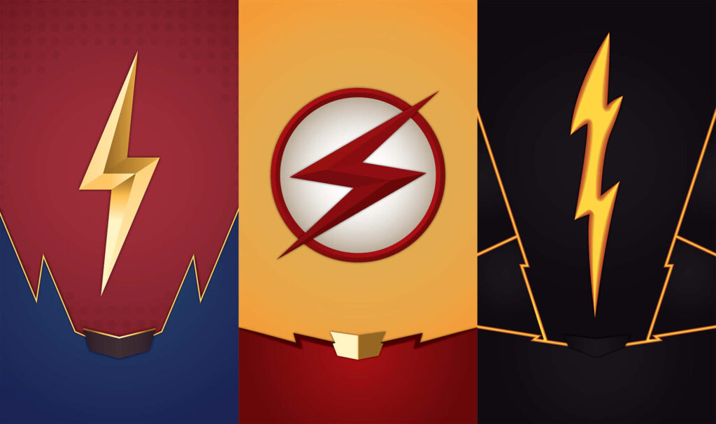 Triptych wallpaper with three vibrant Flash logos showing evolution of iconic lightning bolt design