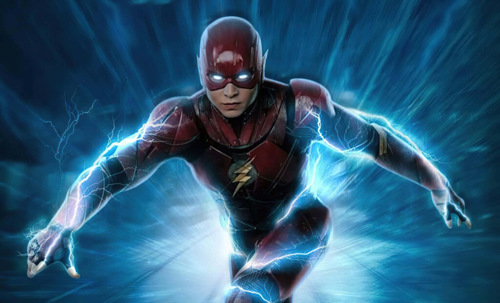 The Flash mid-run with blue lightning speed blur dynamic energy superhero wallpaper background