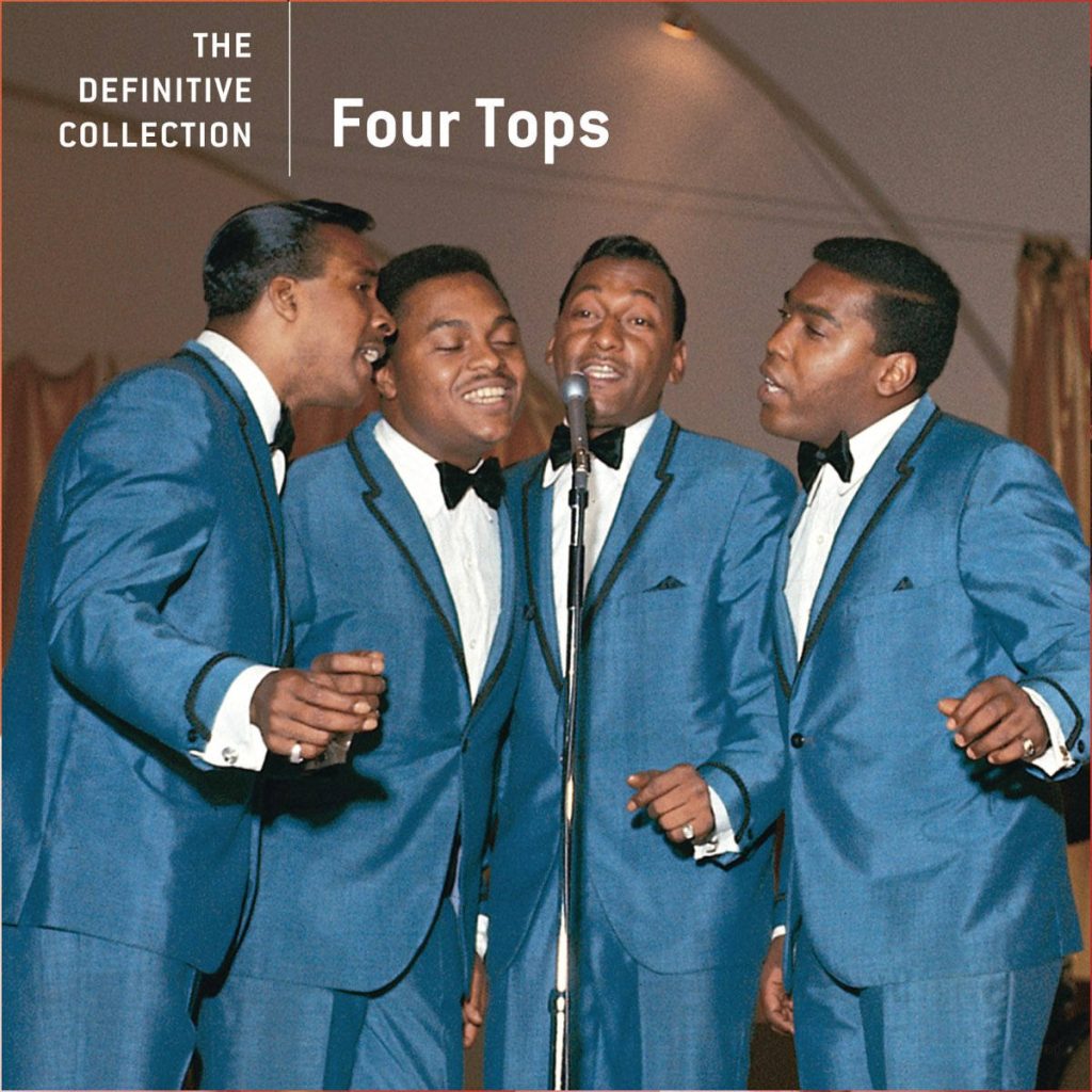 Vintage wallpaper of The Four Tops in blue suits soulful Motown performance album cover art
