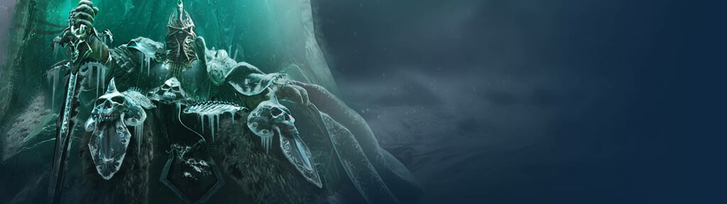 The Majestic Lich King: A Breathtaking Dual-Screen Capture of Warcraft's Iconic Ruler on his Icy Seat, Embracing his Mighty Sword Wallpaper