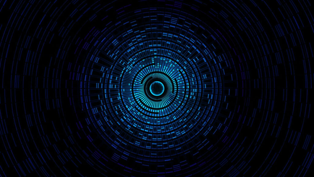 Abstract digital art wallpaper with glowing electric blue concentric rings on black background