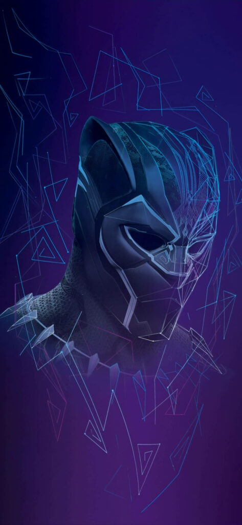 The Futuristic Black Panther Android: Marvel's Superhero Embraced by Abstract Geometric Designs on a Vibrant Blue and Purple Canvas Wallpaper