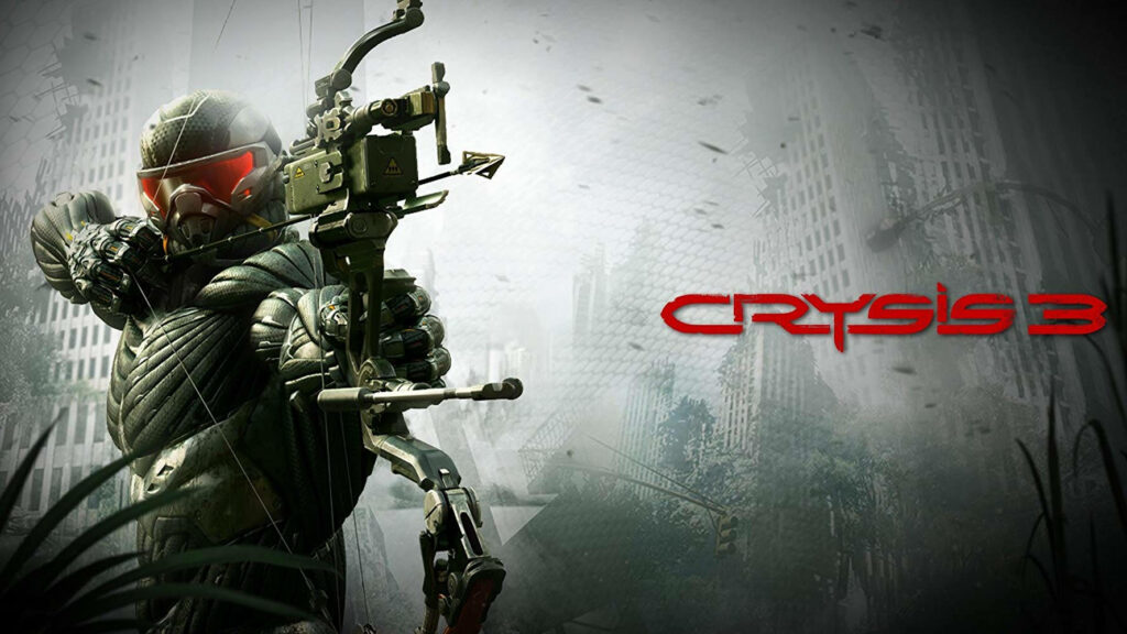 Poster Depicting the High-tech Prophet and His Bow, Dominating a Gray-scaled Urban Landscape, Introducing the Intense Crysis 3 Logo in Striking Red Wallpaper
