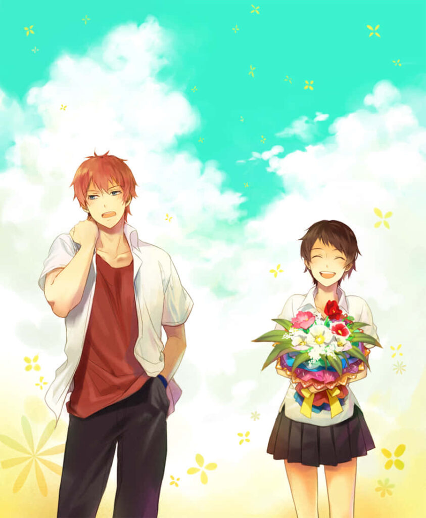 The Girl Who Leapt Through Time vibrant wallpaper cheerful girl with colorful bouquet and bright sky