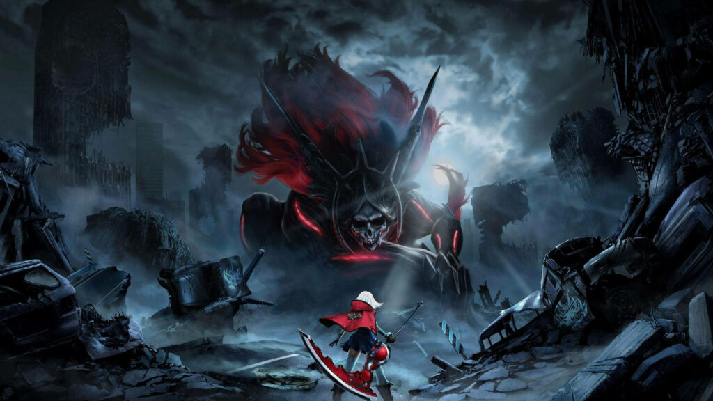 Red-Hooded Heroine Battles Sinister Demon in Eerie, Desolate Setting Wallpaper