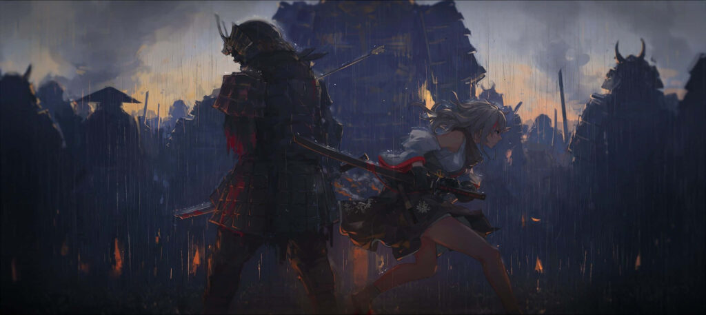 Epic Clash of Warriors: Stealthy Ninja and Fierce Samurai Engage in a Vibrant Ultra-Wide Gaming Battle Amidst a Crowd's Shadowy Silhouette Wallpaper