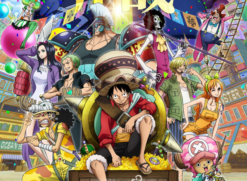 Treasure Hunt in Town: One Piece Characters Gather around Luffy atop a Golden Chest Wallpaper