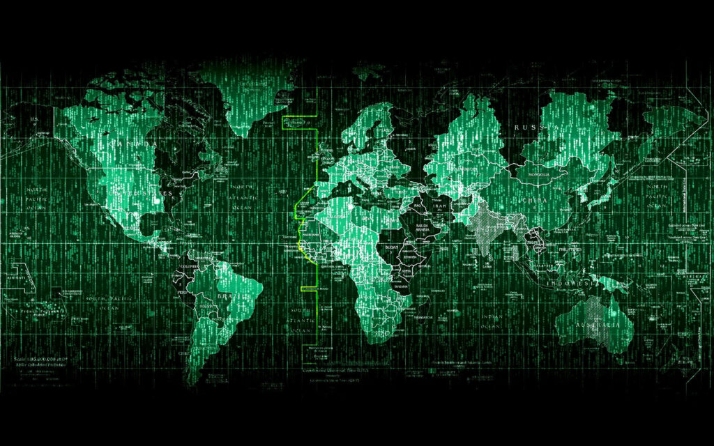 Green Overlay: A Digitally-Created Hacker Cyber Map Wallpaper Background