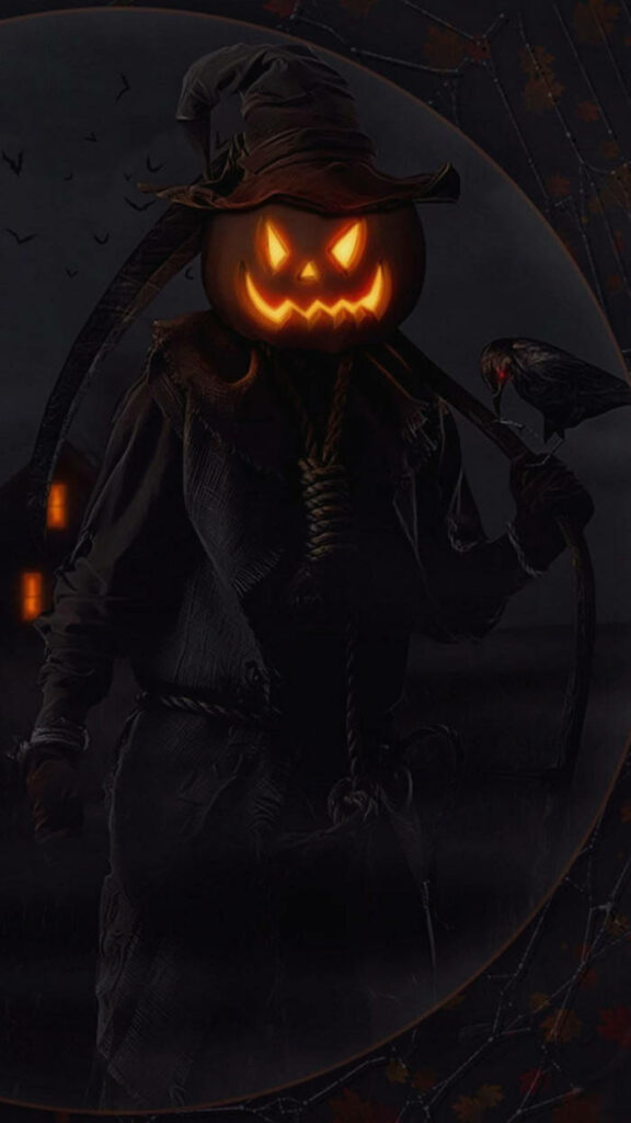 The Sinister Reaper: A Horrifying Halloween Wallpaper for Your Phone with a Pumpkin Headed Figure, a Noose, and a Scythe