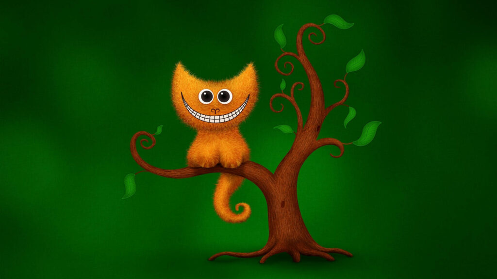 The Mischievous Grin: Cheshire Cat Perched on a Bare Branch in Lush Greenery Wallpaper