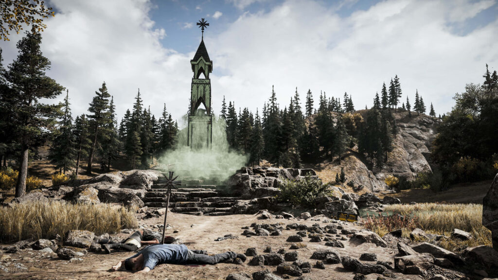 Far Cry 5 4K Image: eerie church in desolate forest with lifeless remains - apocalyptic scene Wallpaper