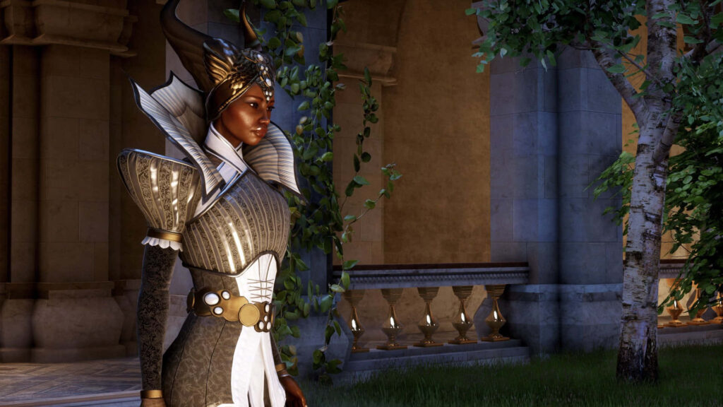 Dragon Age: Inquisition Character in Ornate Armor at Serene Courtyard Wallpaper