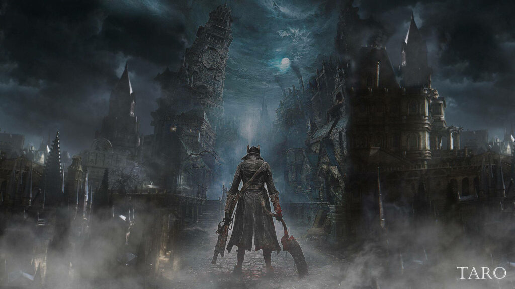 The Hunt Begins: Bloodborne Game Cover Wallpaper Featuring the Brave Hunter and Yharnam with background photo