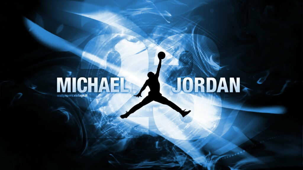 Michael Jordan Jumpman silhouette on blue abstract background with bold 23 and typography wallpaper