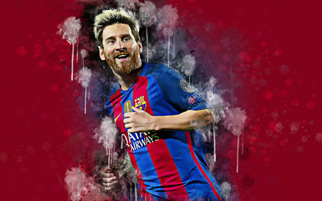 Messi Delighting Fans with his Signature Smile in FC Barcelona Attire - Vibrant Background Photo Wallpaper