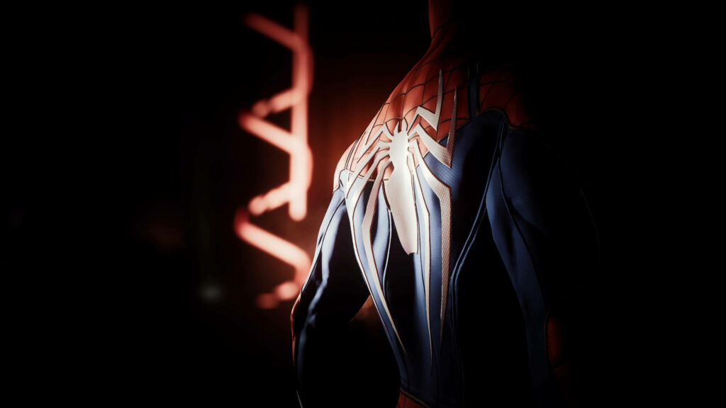 The Darkened Theme: Spider Man's Iconic Costume Revealed in Dimly Lit Room Wallpaper