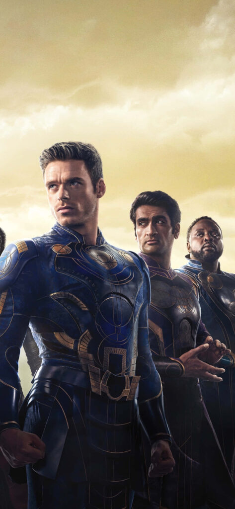 Ikaris Kingo and Phastos in blue gold cosmic armor Eternals Marvel wallpaper background golden sky