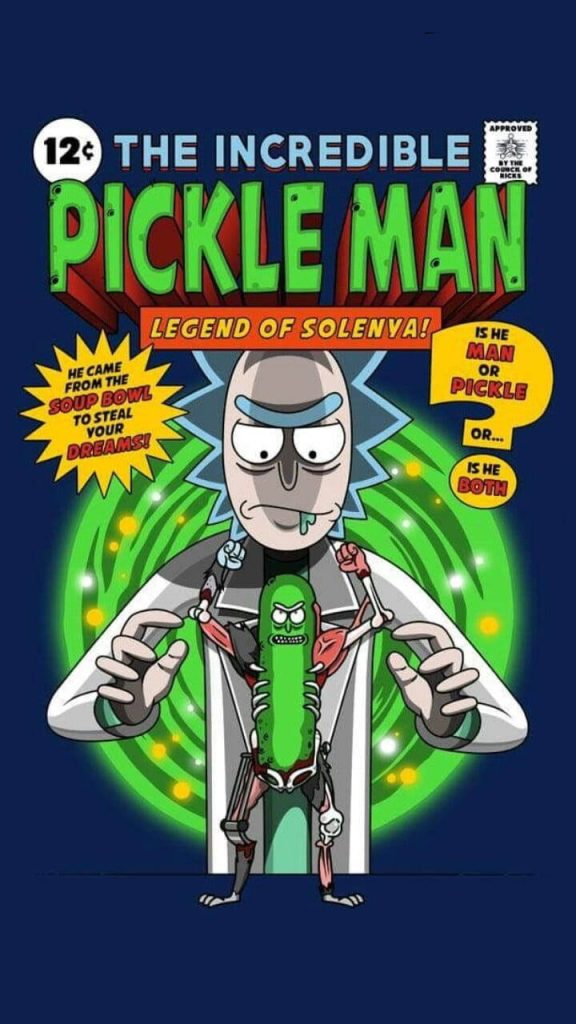 Rick Sanchez with Pickle Rick and green portal retro comic wallpaper background design