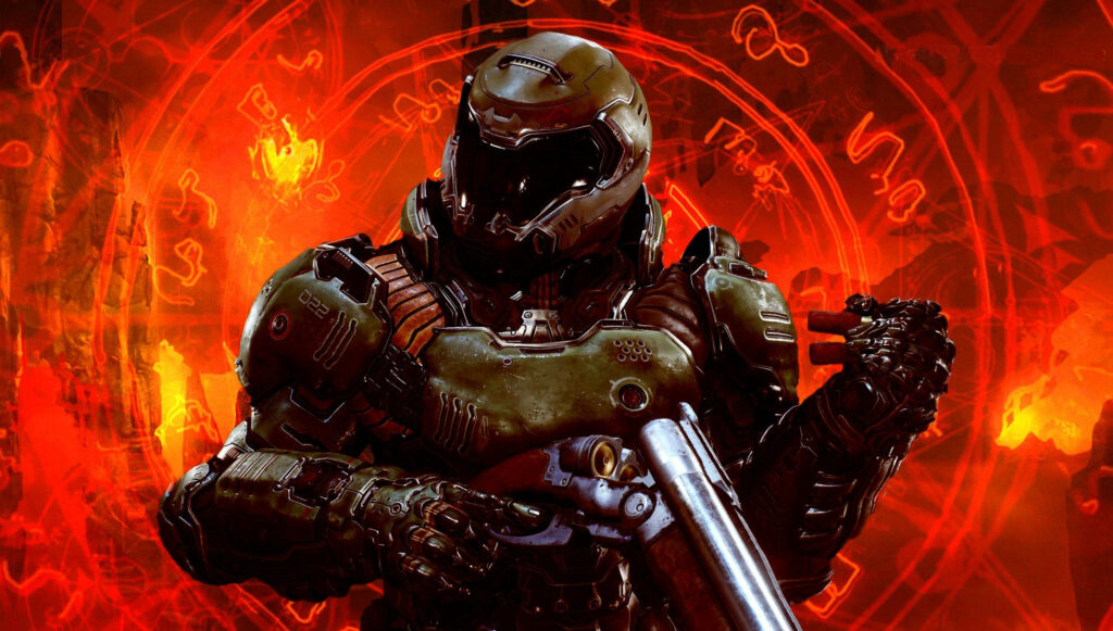 Man vs. Demon: The Timeless Battle of DOOM - A Classic Wallpaper for Shooter Fans