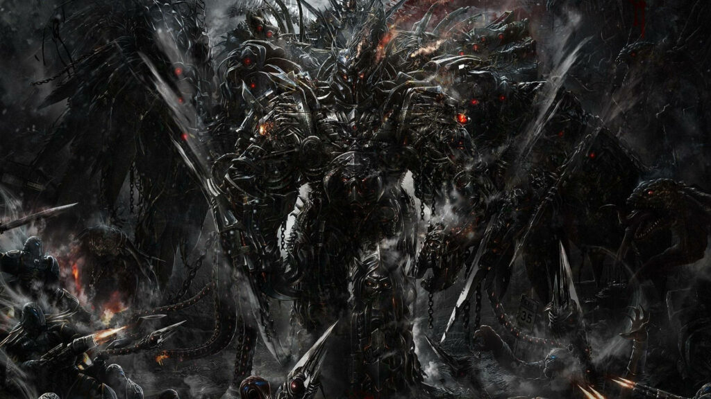 Unleashing The Mechanised Armoured Demon: A Sinister Wallpaper of Robot Meets Hell