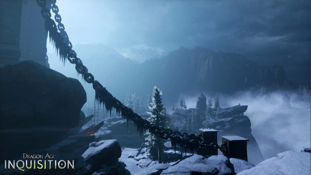 Captivating Dragon Age: Inquisition Wallpaper with Snowy Landscape and Chain Wall Art Design for Gaming Atmosphere