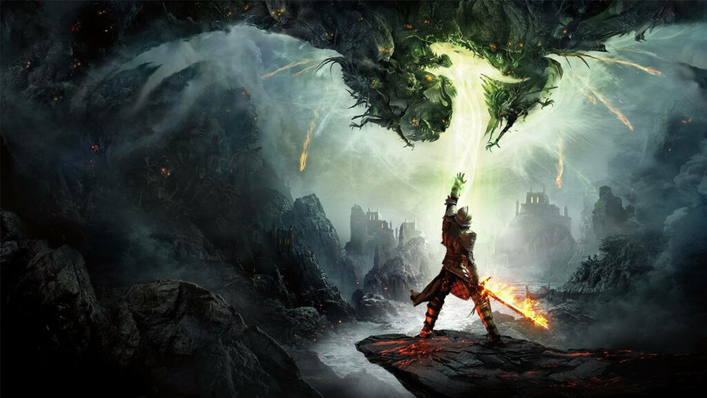 Epic Dragon Age: Inquisition Wallpaper - Defiant Hero with Fiery Sword Faces Green Dragon in Chaos and Mystical Energy-filled Landscape