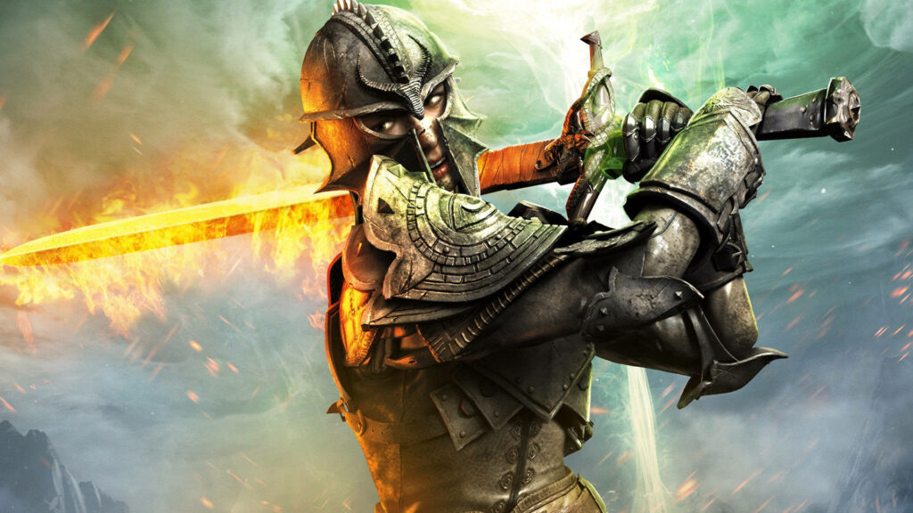 Dragon Age Inquisition Warrior Wallpaper: Armored Figure with Green Sword in Fiery Embers and Ethereal Lights