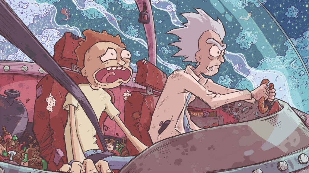 Rick and Morty flying car chaotic space ride vibrant cosmic psychedelic animated wallpaper background