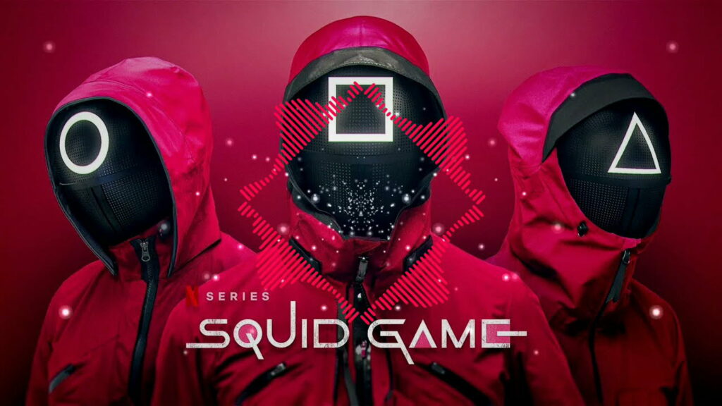 The Enigmatic Red Masks of the Thrilling Squid Game - High-Definition Wallpaper Snapshot