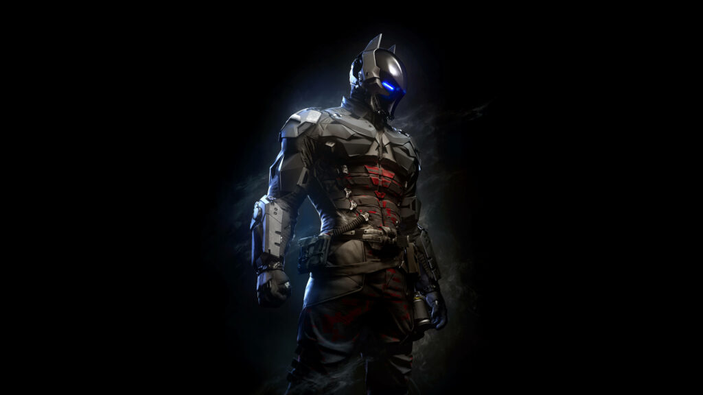 Arkham Knight: The Sinister Blue-eyed Nemesis in the Shadows of Gotham - A Captivating 4k Gaming Snapshot Wallpaper