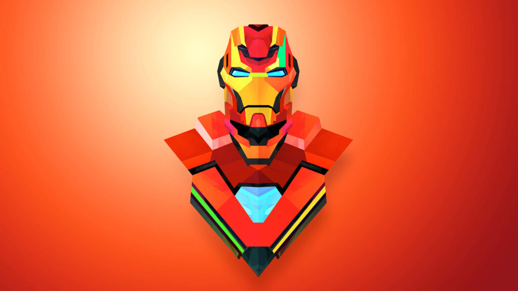 Iron Man low-poly wallpaper with glowing arc reactor on fiery orange geometric background