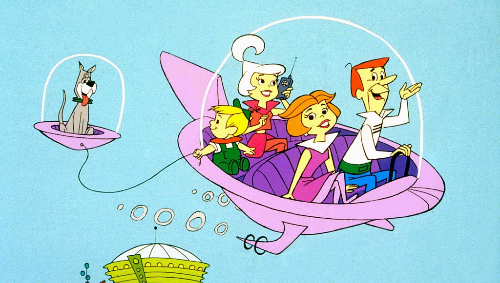 The Jetsons flying car with George Jane Judy Elroy and Astro retro futuristic wallpaper background