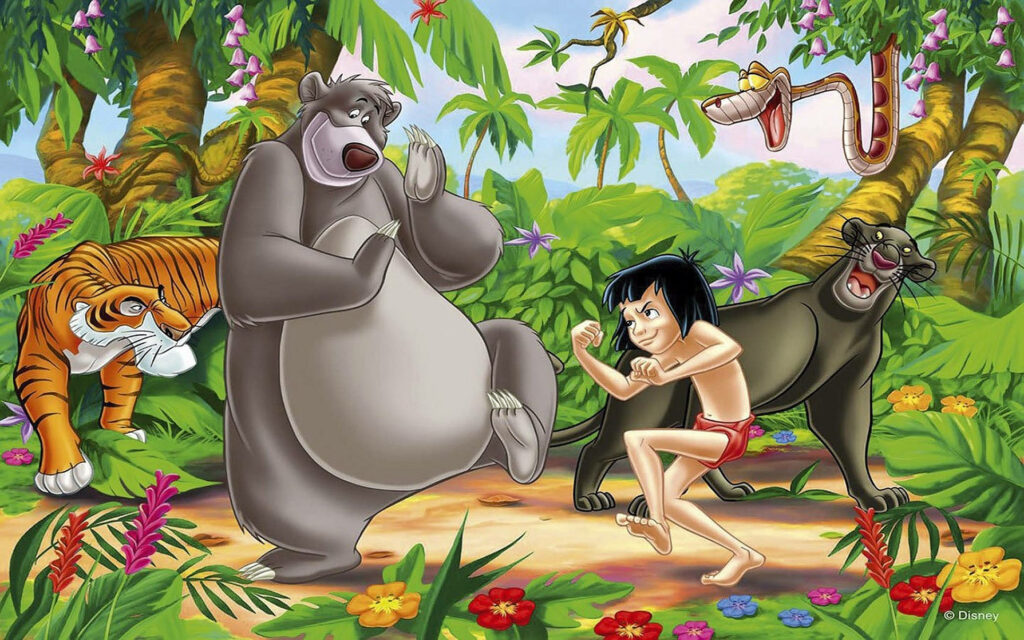 The Jungle Book characters Mowgli Baloo Bagheera Shere Khan and Kaa in a colorful jungle wallpaper