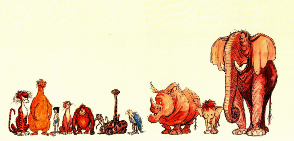Digital sketch wallpaper of iconic The Jungle Book characters lined up on light background
