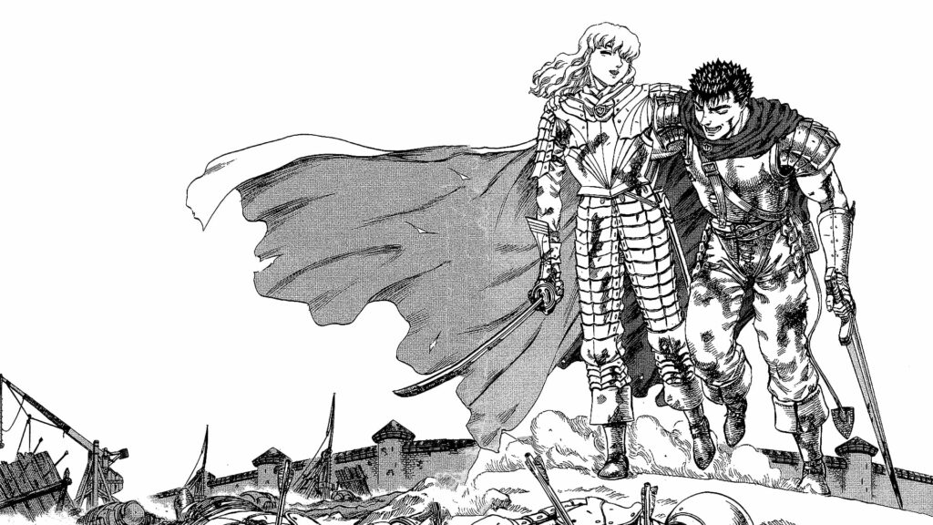 Epic Battle of Fate: Guts vs. Griffith - HD Anime Wallpaper with Stunning Monochrome Tone