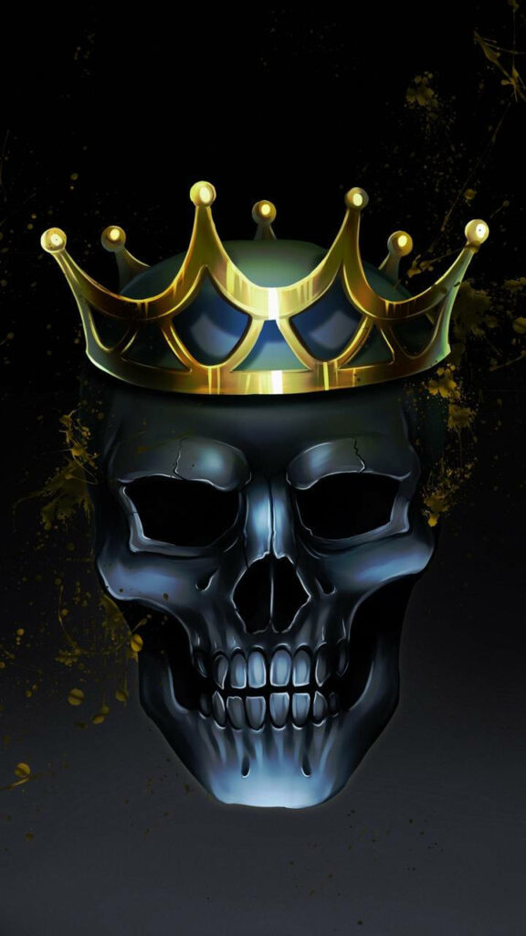 Gilded Authority: Majestic King Skull Logo Posing with Sinister Grin, Wearing a Golden Crown - Regal Background Image Wallpaper