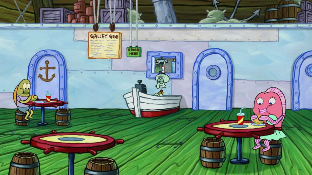 Krusty Krab Zoom background with Squidward at register colorful SpongeBob SquarePants wallpaper