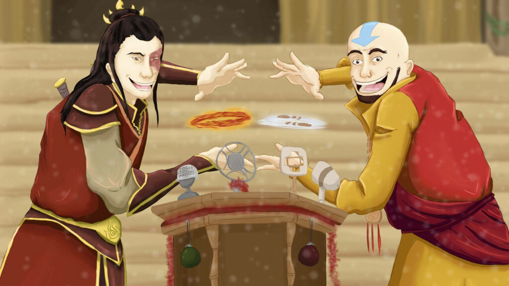The Dynamic Duo: Aang and Zuko Unite for Peace - A Playful and Charming Artwork Wallpaper