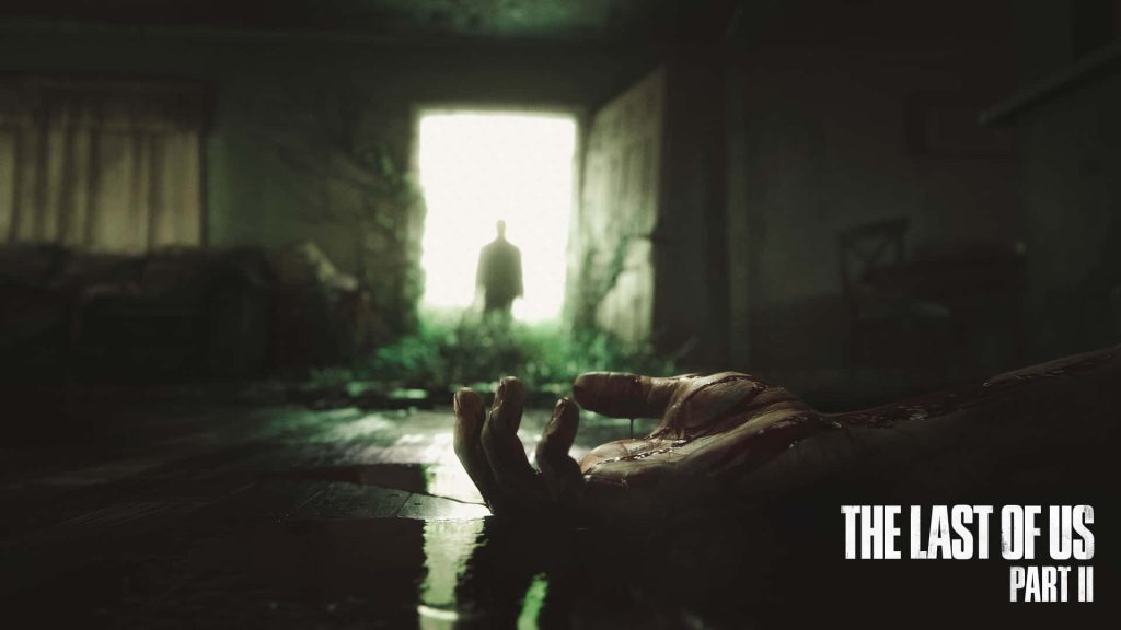 The Last of Us Part II cinematic wallpaper with bloody hand and silhouette in overgrown doorway