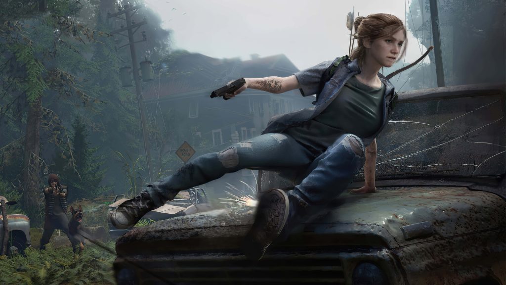 Ellie vaults over rusted car with pistol in overgrown post-apocalyptic The Last of Us Part II wallpaper