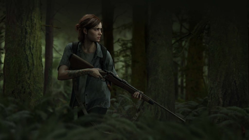 Ellie from The Last of Us Part II with hunting rifle in dark mossy forest cinematic wallpaper