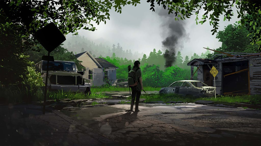 Ellie in post-apocalyptic landscape with overgrown ruins abandoned cars dead end sign wallpaper
