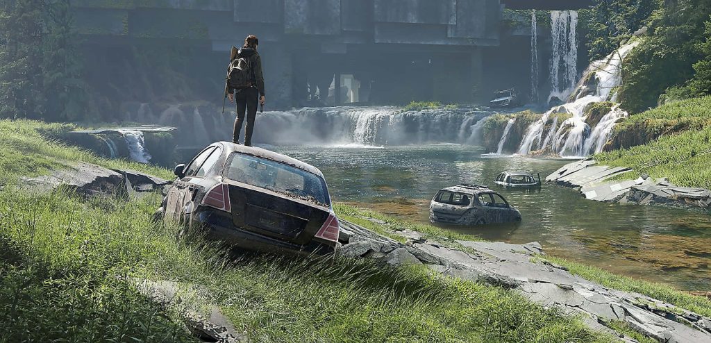 Ellie stands on rusted car in lush overgrown post apocalyptic landscape with waterfalls Wallpaper