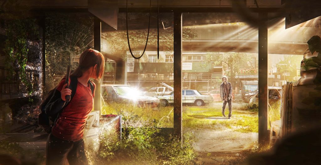 Ellie with gun facing infected in sunlit overgrown cityscape The Last of Us Part II wallpaper