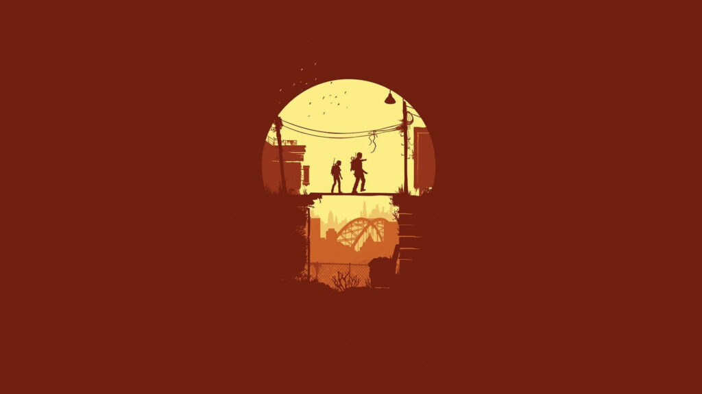1920x1080 1080p Full HD The Last of Us: A Vector Art Masterpiece of a Girl and a Man Navigating an Abandoned City Against a Fiery Red Background Wallpaper