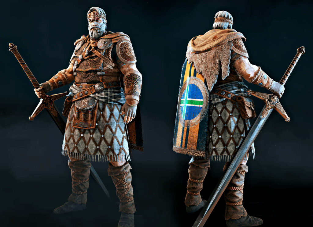 Highlander Warrior in For Honor Game Wallpaper - Detailed Celtic Design Claymore Sword Warrior Costume Battle Ready Dark Background