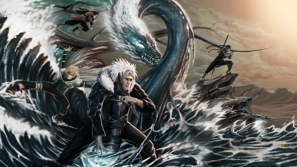 The Legendary Hokage Trio Unleash their Power Amidst the Seascape with a Majestic Sea Dragon: An Exquisite Naruto 3D Background Wallpaper