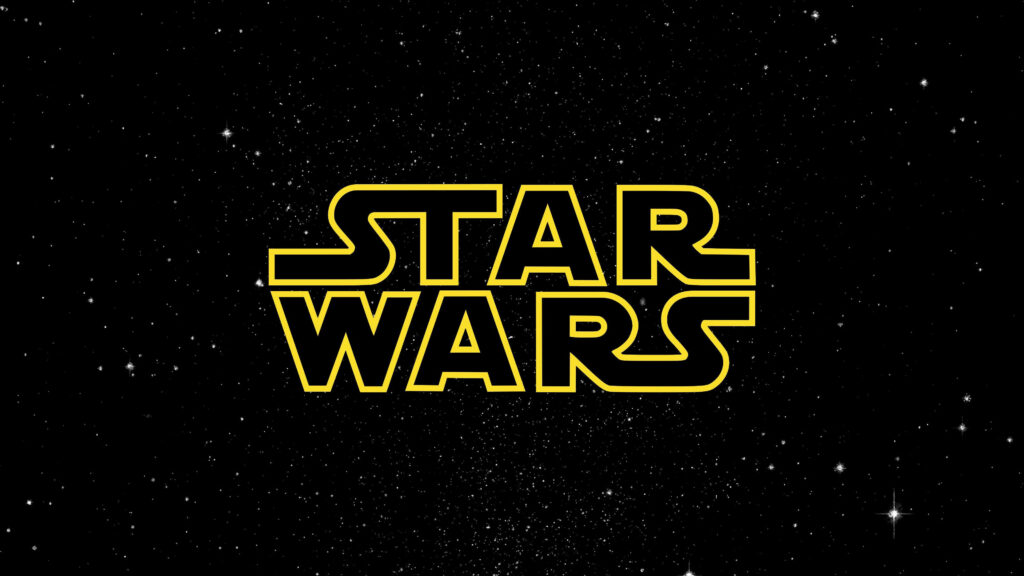 Minimalist Star Wars yellow logo on black starry cosmic background iconic cinematic wallpaper