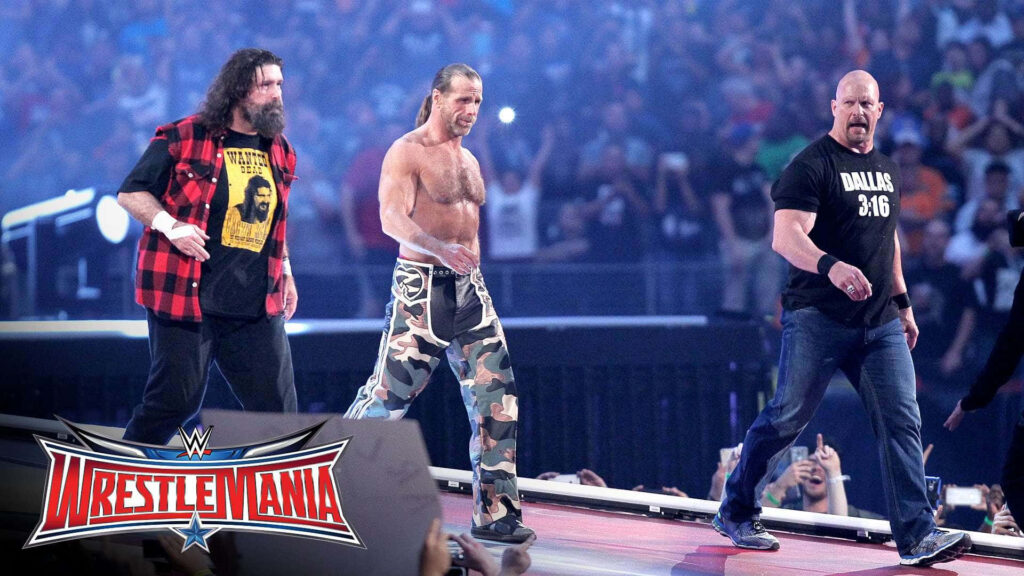 The Legend Trio: Mick Foley, Shawn Michaels, and Stone Cold at Wrestlemania Wallpaper