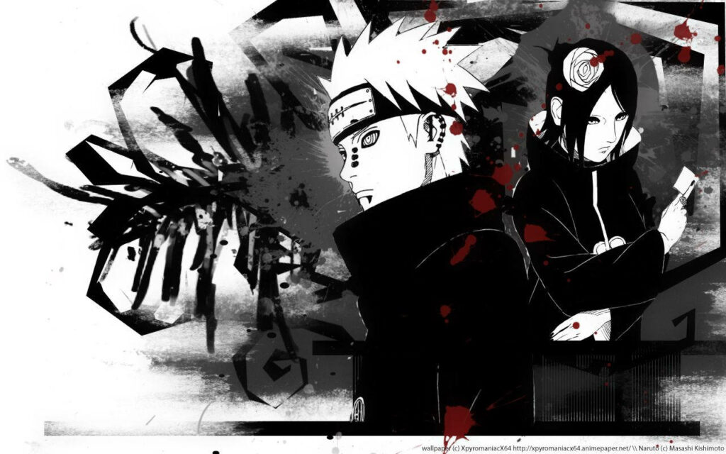 Founding Akatsuki Legends Unleashed: Intense Monochrome Animation featuring Pain and Konan, amidst Blood-Splattered Abstract Abyss - Naruto Anime Tribute Wallpaper